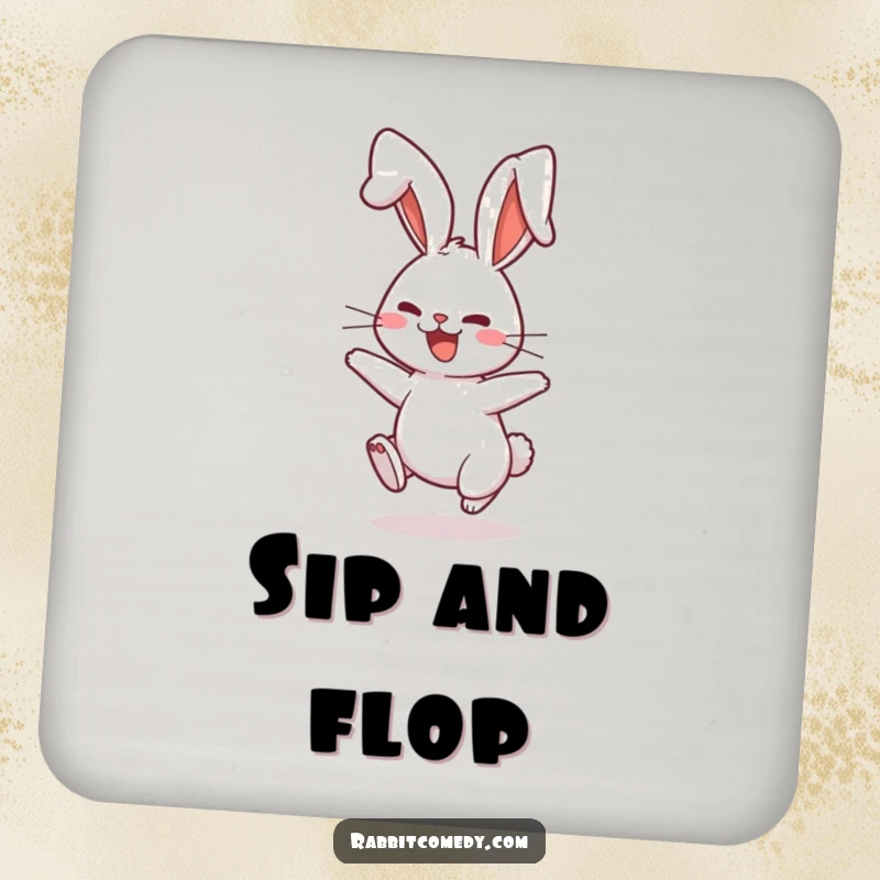Funny Drink Coaster featuring a rabbit character playfully bouncing with comically floppy ears, perfect for a touch of whimsy.