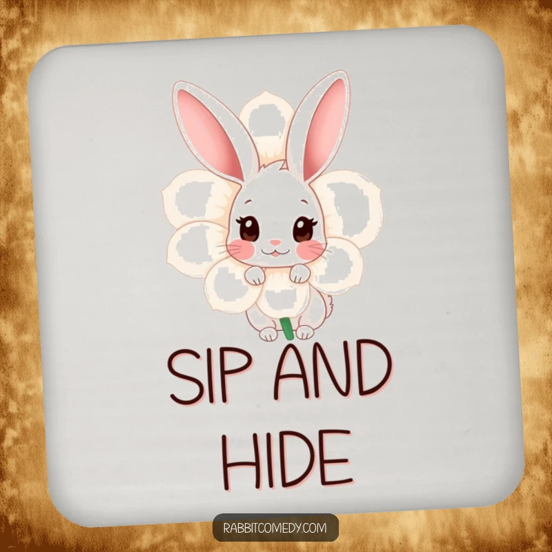 Funny Shy Rabbit Coasters: Set of coasters showing a shy rabbit peeking from behind a flower, adding a touch of gentle charm.