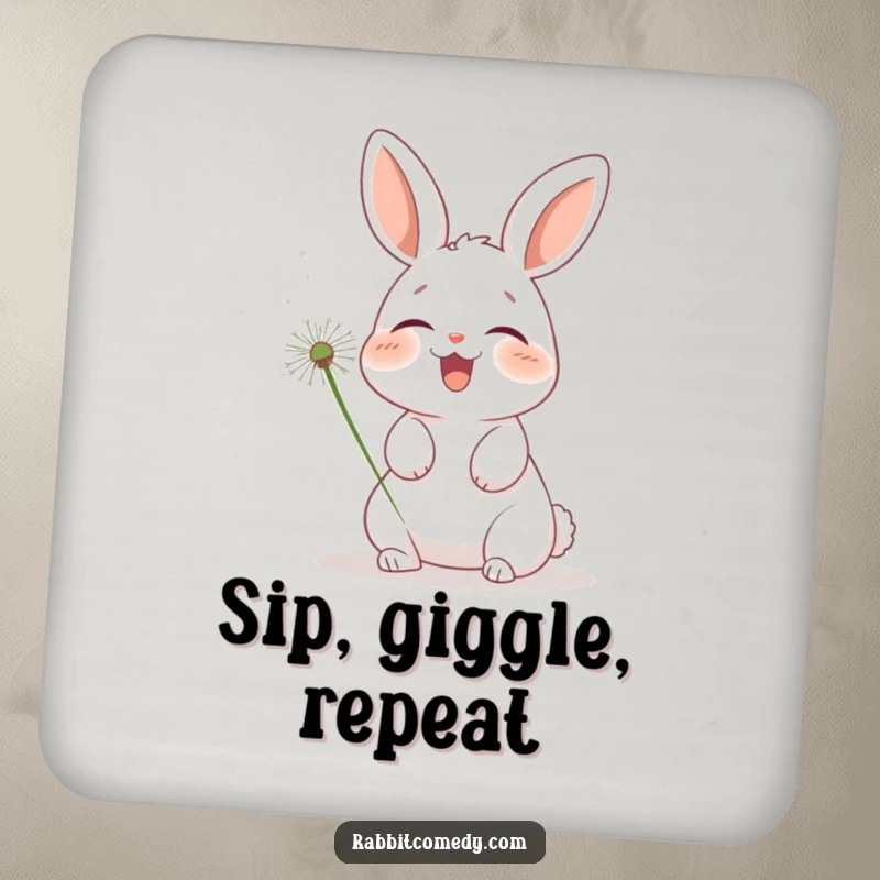 Funny rabbit drink coaster, a cute bunny giggling whilst being tickled by a dandelion seed, protecting tabletops with humor.
