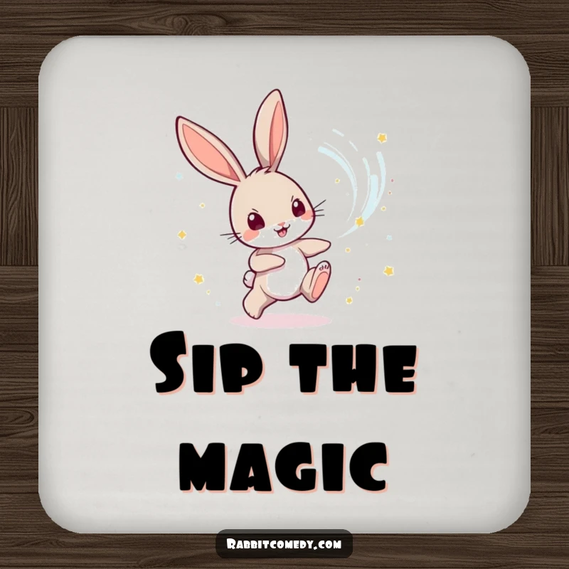 Funny Rabbit Coaster: A playful rabbit character chases a swirling vortex of magical dust, protecting your furniture with whimsy.