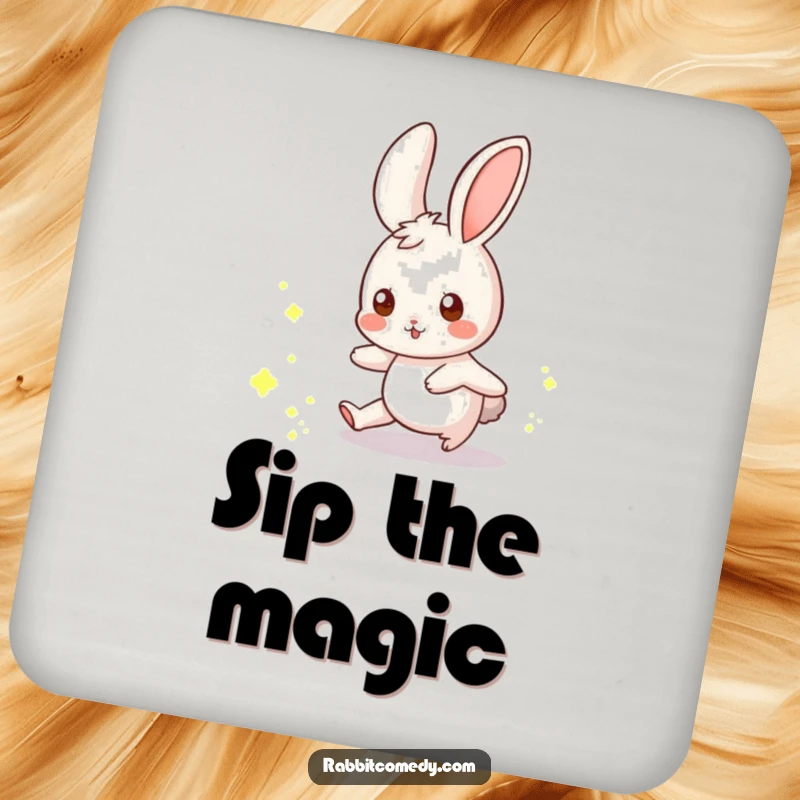 Funny rabbit drink coaster depicting a whimsical rabbit playfully chasing a scattering of glowing dust motes.