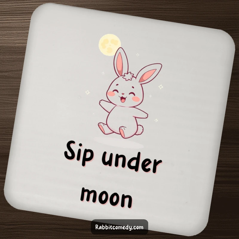 Funny drink coaster with a gleeful cartoon rabbit spinning under a sparkling, glittery moon, protecting surfaces with whimsical magic.