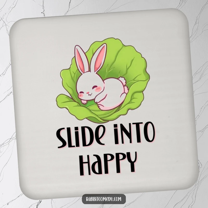 Funny Rabbit Coaster: A rabbit comically sliding on a lettuce leaf, protecting surfaces with a dose of hilarious silliness.