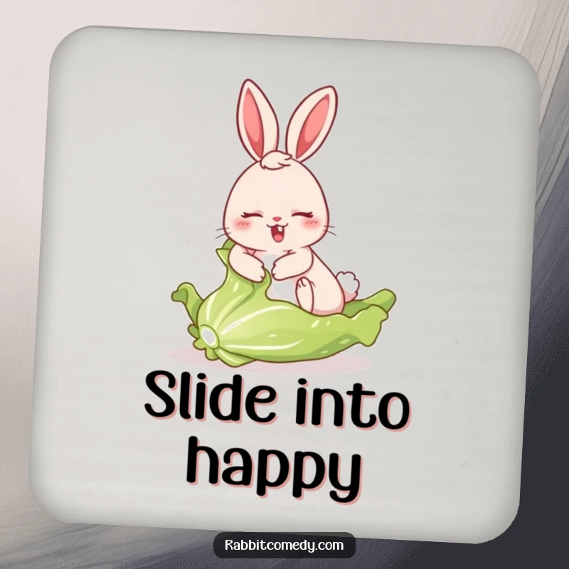 Funny drink coaster illustration of a rabbit comically sliding on a freshly picked lettuce leaf, a humorous desk accessory.