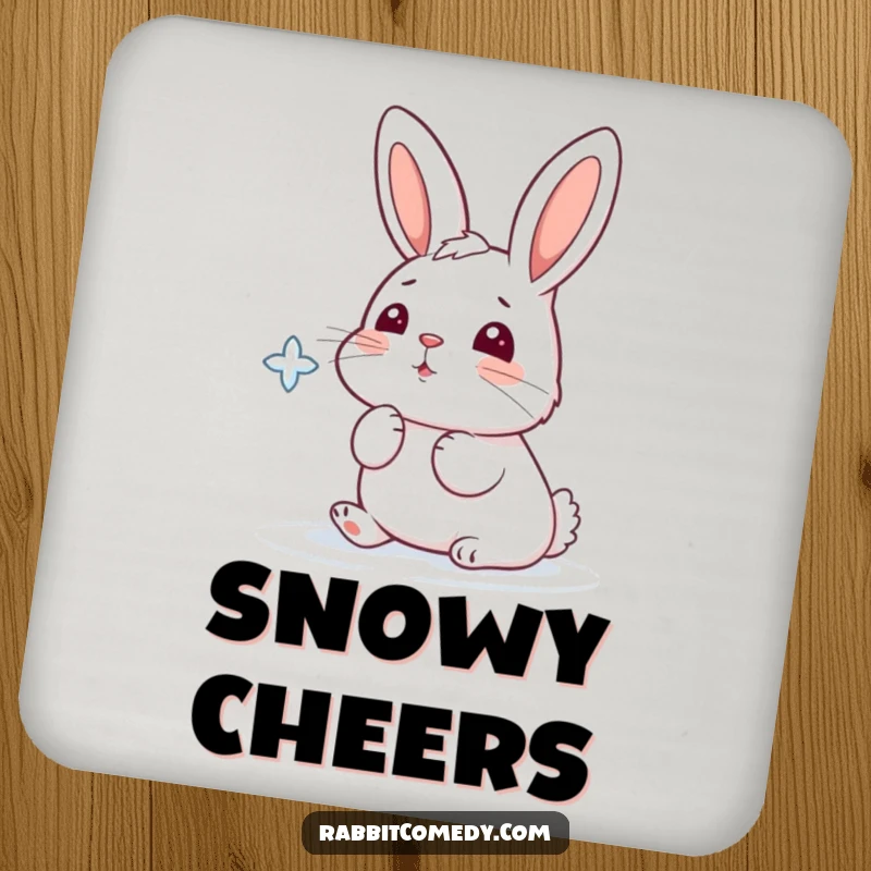 Funny drink coaster with a cartoon rabbit playfully trying to catch a falling snowflake with its nose.