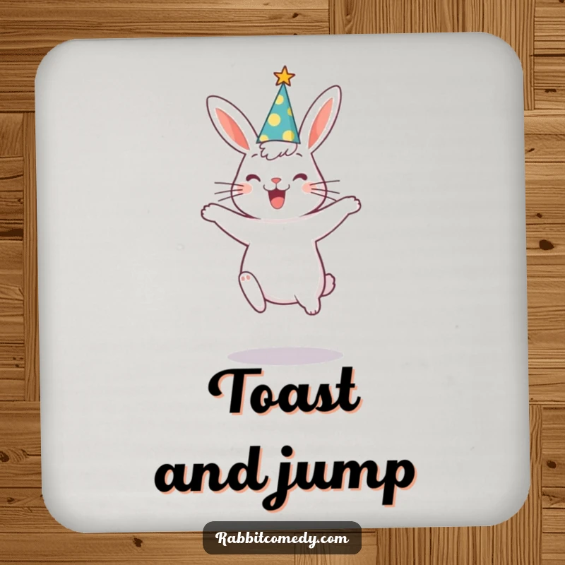 Funny rabbit wearing a party hat, mid-silly jump, on a festive and humorous drink coaster.