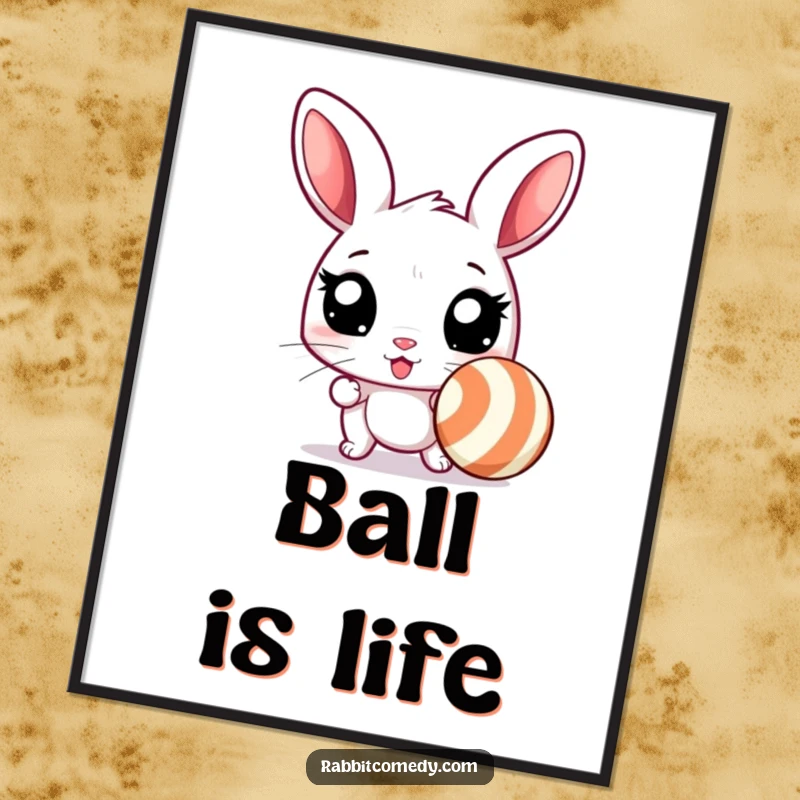 Funny rabbit poster art of an excited rabbit with wide eyes lunging for a bouncing, striped ball, capturing humorous exuberance.