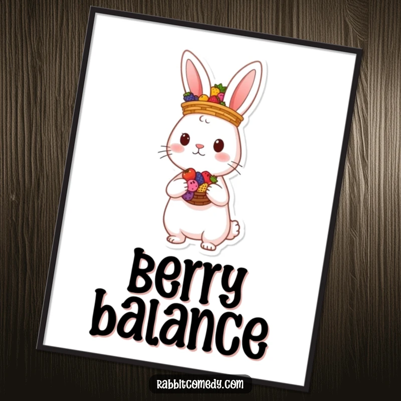 Funny rabbit character balancing a basket of colorful berries on its head, presented as whimsical and humorous wall art