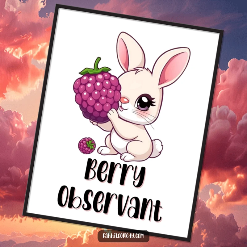 Funny Poster featuring a rabbit with oversized, curious eyes nibbling a giant berry, capturing a moment of innocent fascination.
