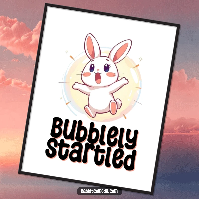 Funny Rabbit Poster: A surprised rabbit leaps backward from a bursting, shimmering bubble, capturing a moment of hilarious astonishment and reaction.