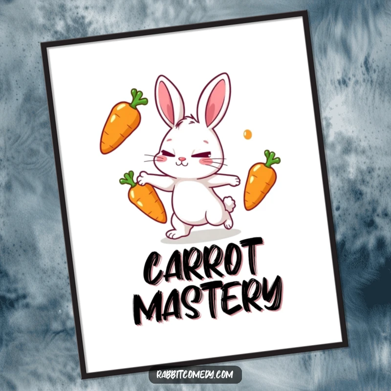 Funny rabbit poster showcasing a rabbit character skillfully juggling three shiny carrots with a determined squint and intense concentration.
