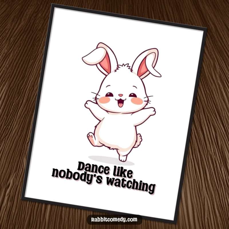Funny rabbit poster, capturing a fluffy character in the midst of a silly dance with its ears flopping wildly, full of comedic energy.