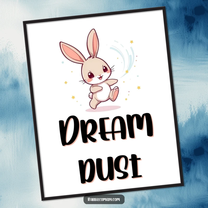 Funny Rabbit Poster: A whimsical rabbit character playfully chases a vortex of shimmering, magical dust, bringing fantasy art home.