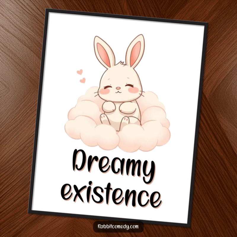 Funny rabbit poster art of a rabbit sighing contentedly among soft clouds, creating a humorous and tranquil atmosphere.