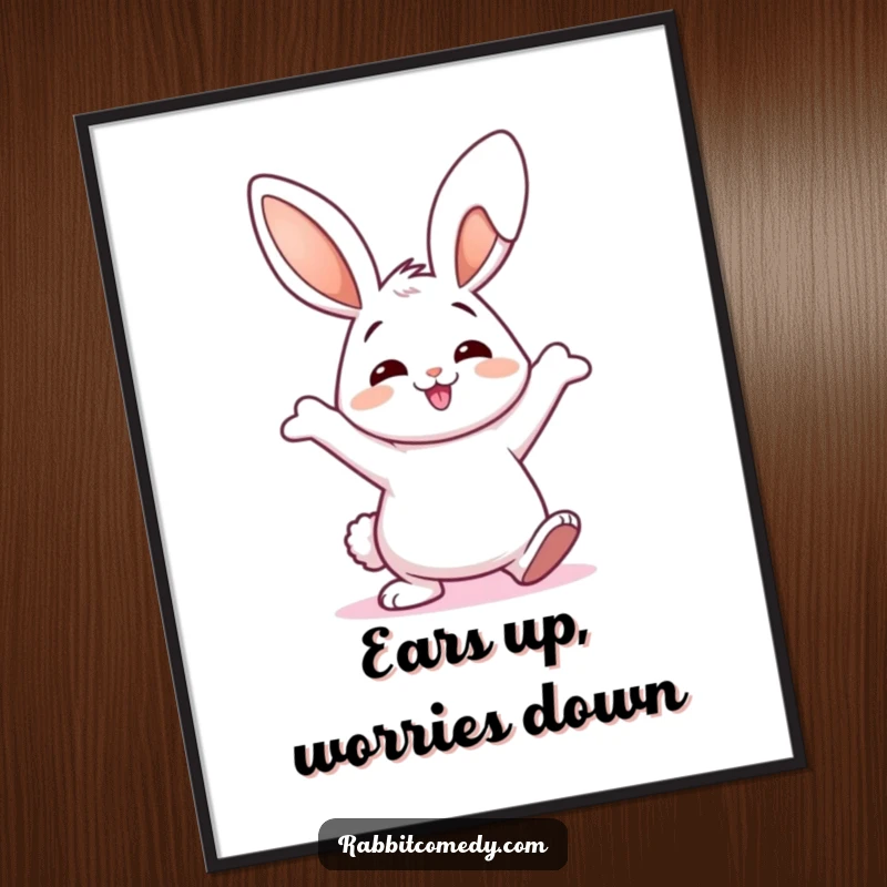 Funny Poster of a happy rabbit performing a silly, wiggly-eared dance, bringing dynamic movement and humor to any wall.