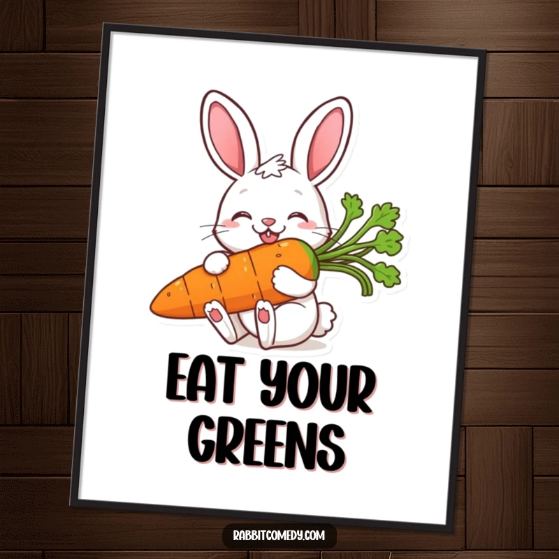 Funny poster depicting a rabbit with a wide, ecstatic smile, enthusiastically devouring a gigantic, juicy carrot, a symbol of pure happiness.