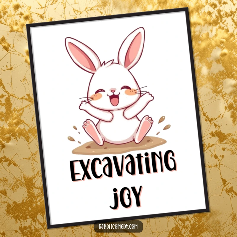 Funny Poster featuring a rabbit character joyfully digging with its hind legs kicking up, capturing a moment of energetic fun.
