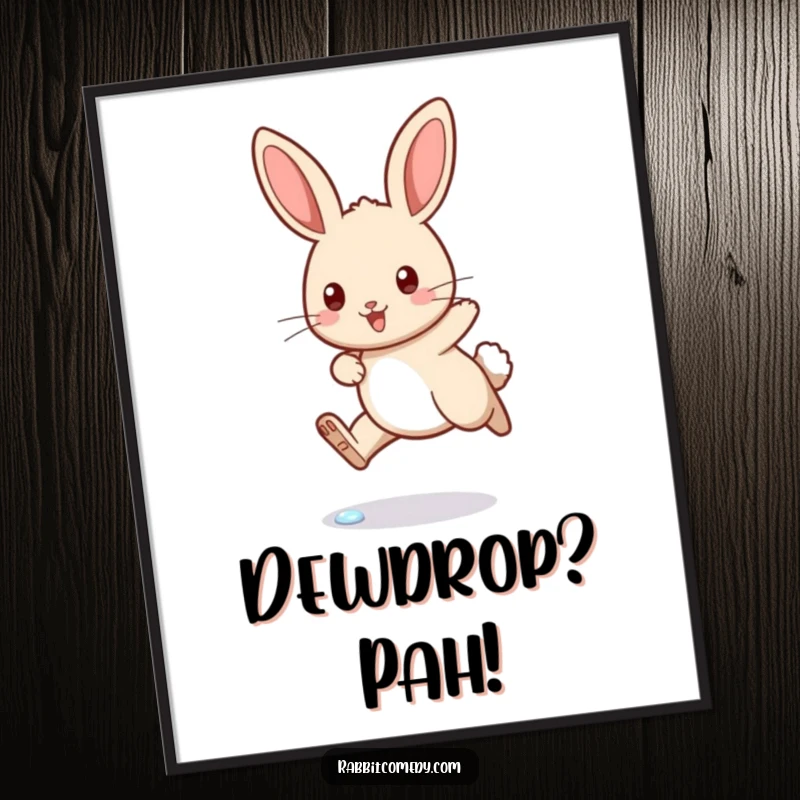 Funny rabbit poster art of a determined bunny leaping over a tiny, sparkling dewdrop, symbolizing humorous achievement and motivation.