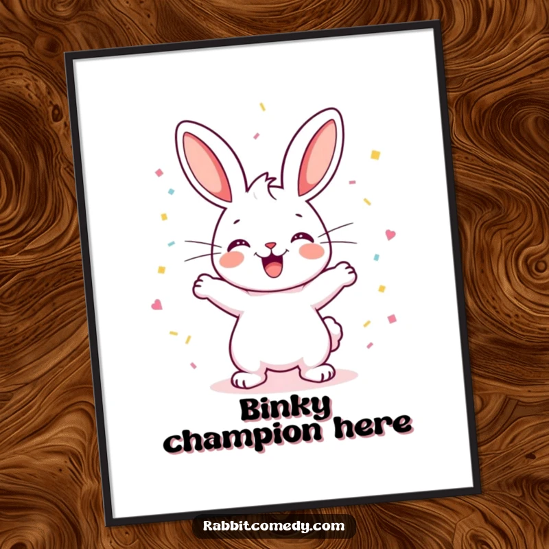 Funny Rabbit Poster: A happy rabbit performs an excited binky, showering confetti, capturing a moment of pure, unadulterated jubilant celebration.