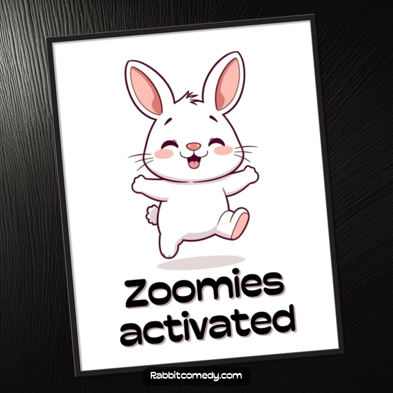 Funny poster capturing a rabbit with a twitching nose performing a hilariously energetic and silly hop.