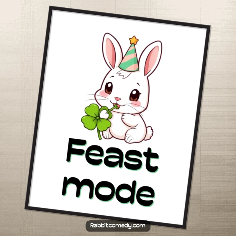 Funny Party Rabbit Poster: Festive art of a rabbit wearing a party hat and happily eating a clover.