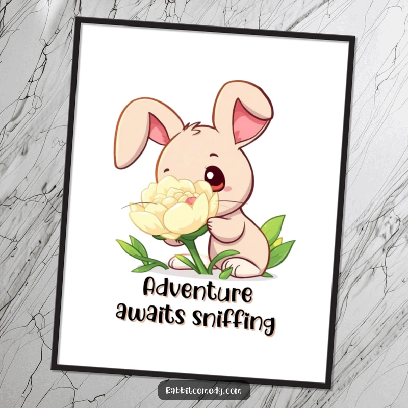 Funny poster artwork of a wide-eyed rabbit curiously sniffing a gigantic, dew-kissed clover, evoking a sense of gentle wonder.