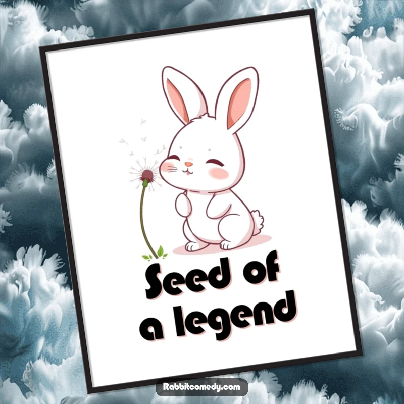 Funny rabbit poster showing a cute bunny gently blowing a fluffy dandelion seed, captured in a moment of peaceful enchantment.