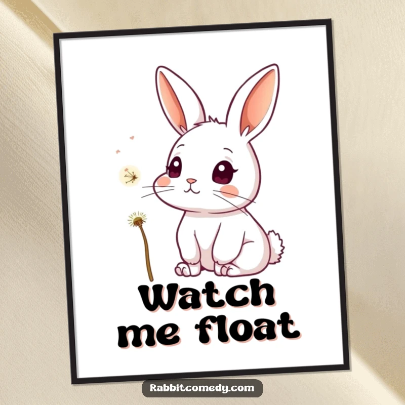 Funny poster illustration of a rabbit with ears perked and a gaze full of curiosity, watching a single dandelion seed drift on the wind.