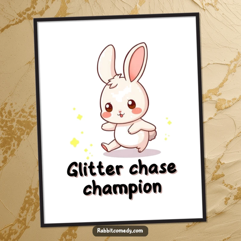 Funny rabbit poster showing a whimsical rabbit playfully chasing a scattering of glowing dust motes.