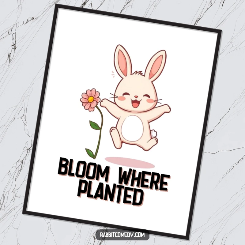 Funny rabbit poster featuring a happy bunny leaping with a flower, ideal for adding a touch of spring to wall decor.