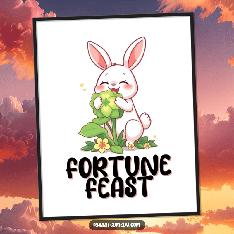 Funny rabbit poster, joyfully munching on a giant, luminous clover, creating a magical and lucky scene.
