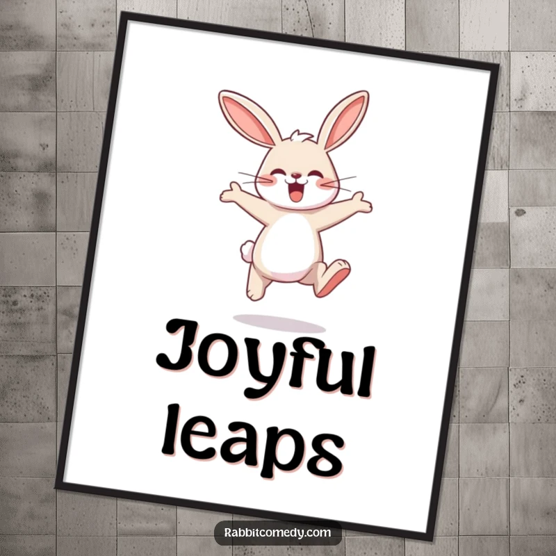 Funny rabbit poster showcasing a rabbit character gleefully performing huge, exaggerated, joyful leaps while hopping.
