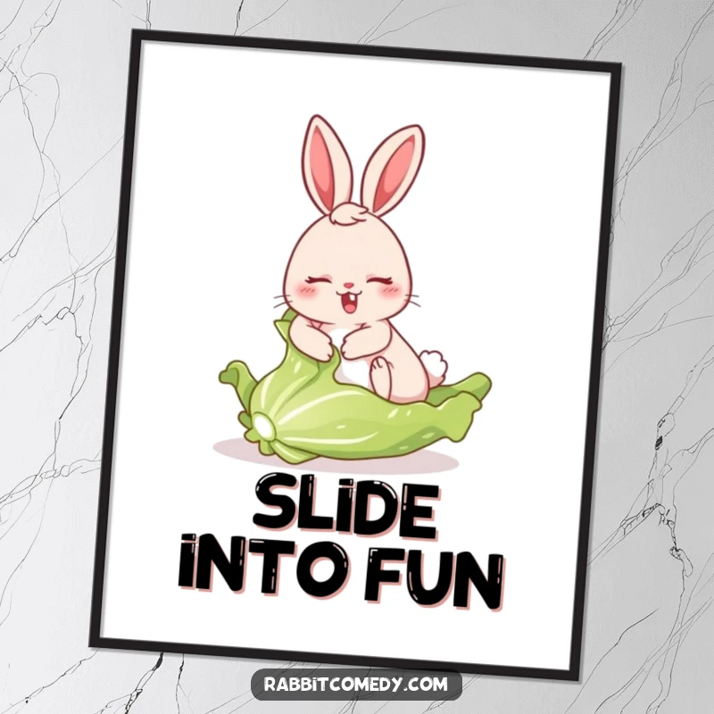Funny poster art of a rabbit comically sliding at high speed on a freshly picked lettuce leaf, capturing a moment of hilarious action.
