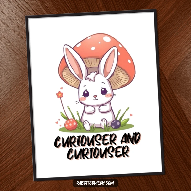 Funny rabbit poster showing a cute bunny peeking from behind a large mushroom, inviting viewers into a magical world.