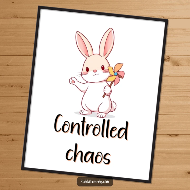 Funny Rabbit Pinwheel Poster: A whimsical piece of art featuring a rabbit balancing a tiny, spinning pinwheel.