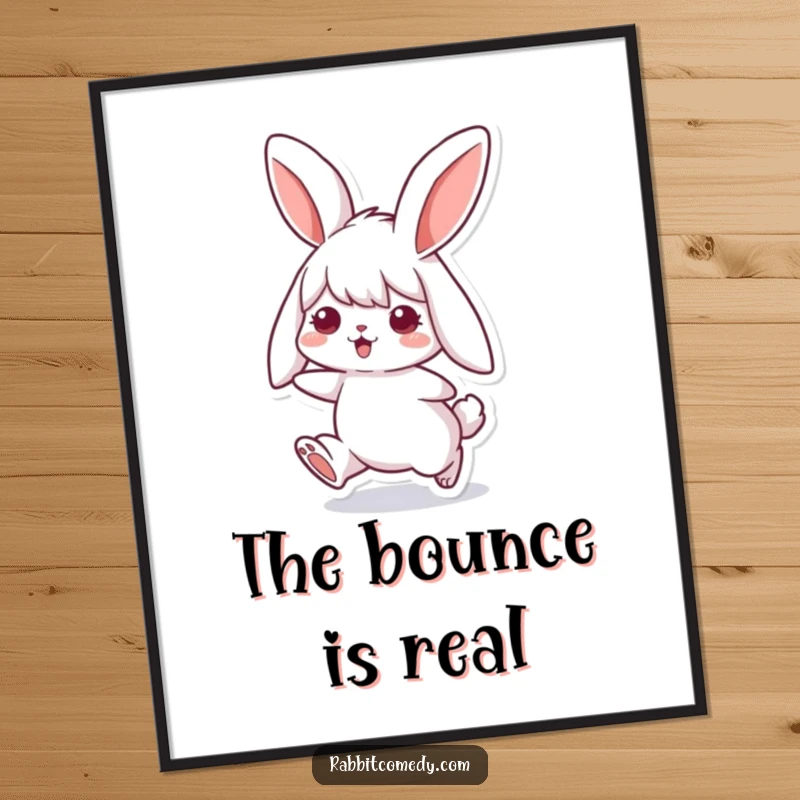 Funny rabbit poster capturing a cute bunny with long, floppy ears in a dynamic, happy hop, bringing vibrant energy to any room.