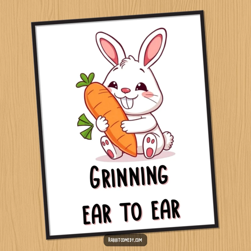 Funny rabbit poster capturing a delighted bunny with a huge grin holding a massive, smiling carrot, creating a vibrant and humorous art piece.