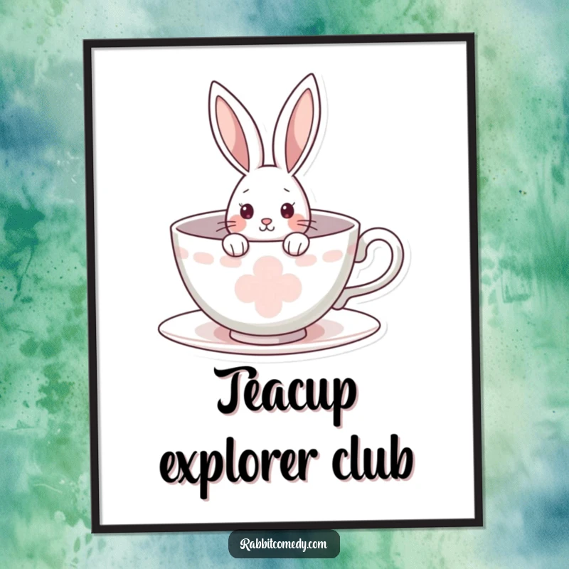 Funny rabbit poster capturing a curious bunny peeking from a giant teacup, creating a whimsical and heartwarming piece of art.