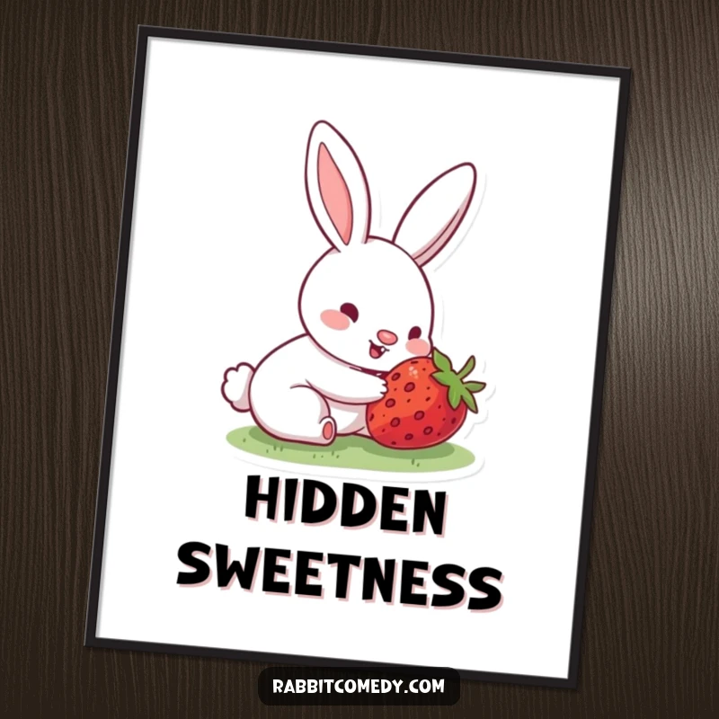 Funny poster illustrating a rabbit with a happy, wiggling nose, eyes wide with wonder at the surprise discovery of a hidden strawberry.