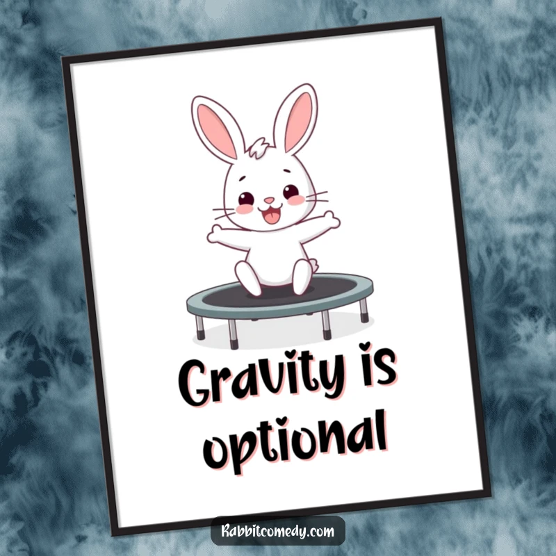 Funny rabbit poster featuring a cute bunny excitedly bouncing on a trampoline, bringing energetic fun to wall art.