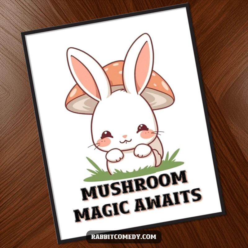 Funny shy rabbit poster featuring a cute bunny peeking from behind a mushroom with a bashful smile, charming wall art.
