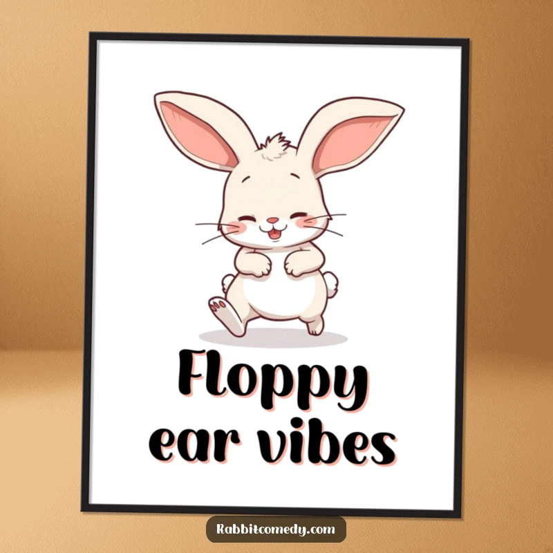 Funny poster featuring a cartoon rabbit comically stumbling, its giant floppy ears trailing behind, creating a humorous and dynamic wall decoration.