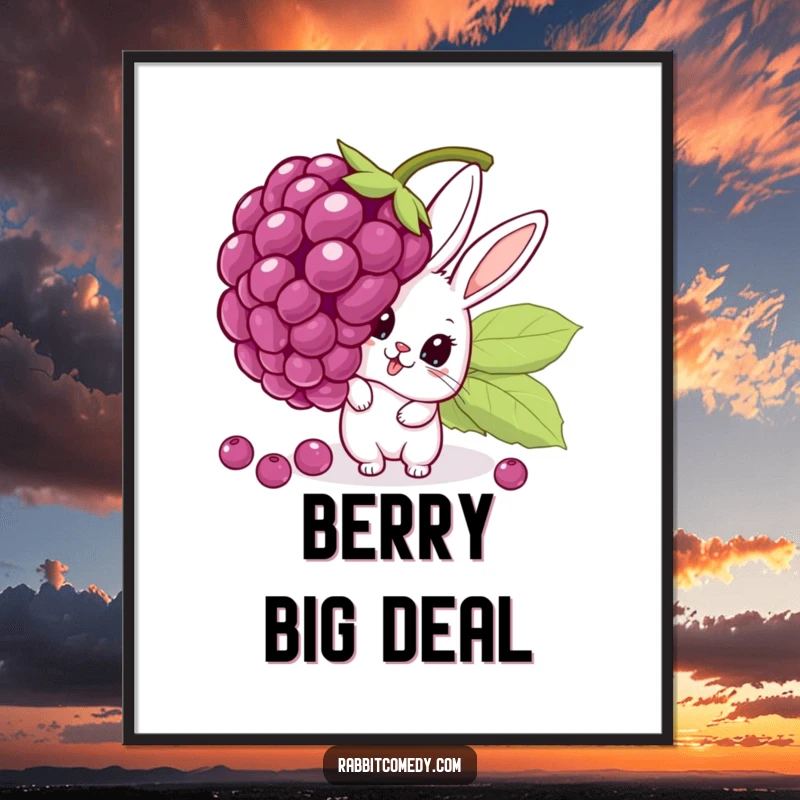Funny poster featuring a cartoon rabbit peeking with astonished eyes from behind a massive, precarious berry, creating a humorous wall decoration.