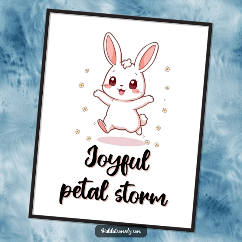 Funny rabbit poster capturing an ecstatic bunny jumping exuberantly, scattering tiny flowers, creating a vibrant and joyful piece of art.