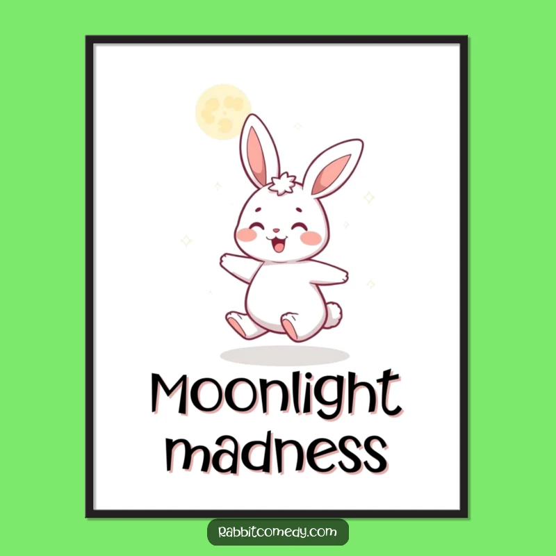 Funny Gleeful Rabbit Poster: Delightful Cartoon Spinning Under Glittering Moon Wall Art Gift
