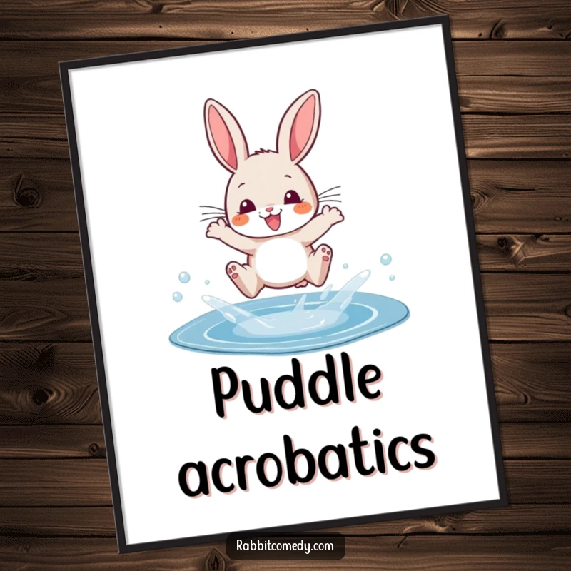 Funny poster of a cartoon rabbit mid-leap, splashing dramatically over a sparkling puddle with pure exhilaration.