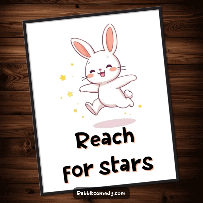 Funny rabbit poster art of a rabbit in a joyful leap, leaving a trail of shimmering star dust, capturing humorous enchantment.