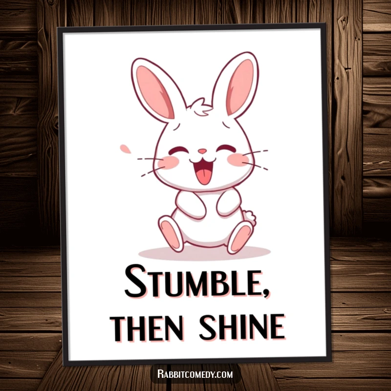 Funny rabbit character in the process of stumbling and then happily squeaking, captured in humorous wall art.