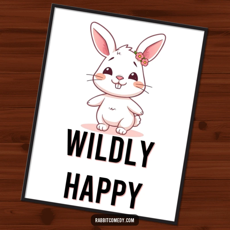 Funny rabbit poster art of a rabbit with a goofy grin and flower crown, twirling with humorous, festive charm.