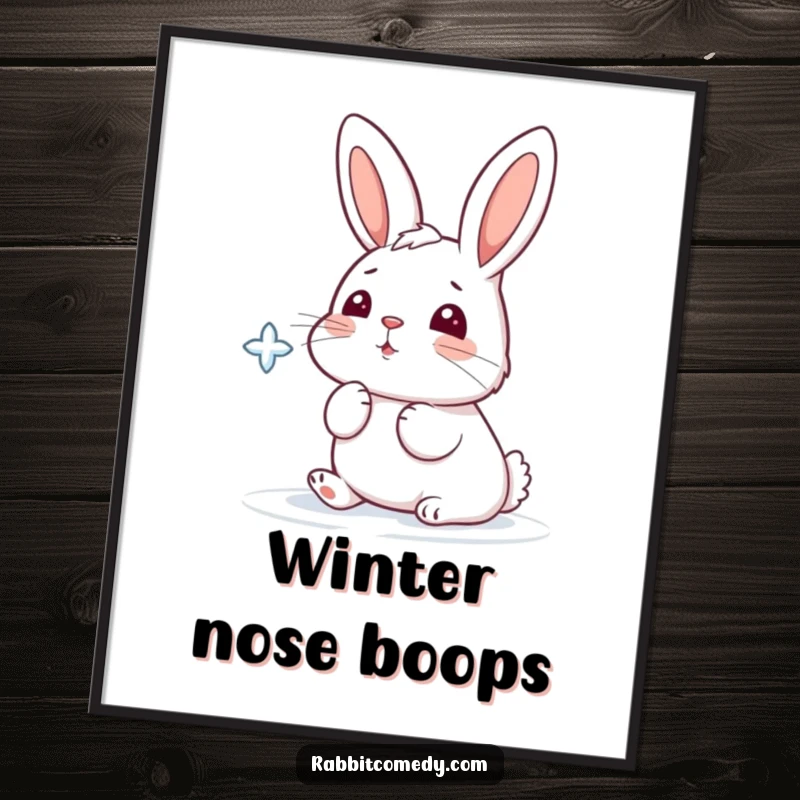Funny poster featuring a cartoon rabbit playfully attempting to catch a delicate snowflake with its nose.